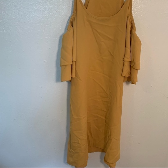 Shein Ruffle Cold Shoulder Dress Mustard Yellow - Picture 12 of 15